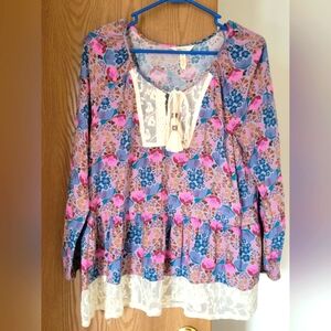 Matilda Jane Pink Blue Floral Lace-Trim Peplum Blouse. Size M